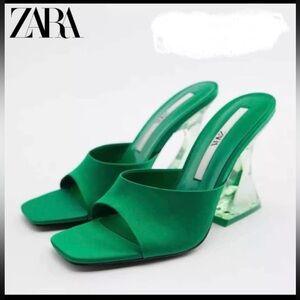 Zara green square toe crystal heels
